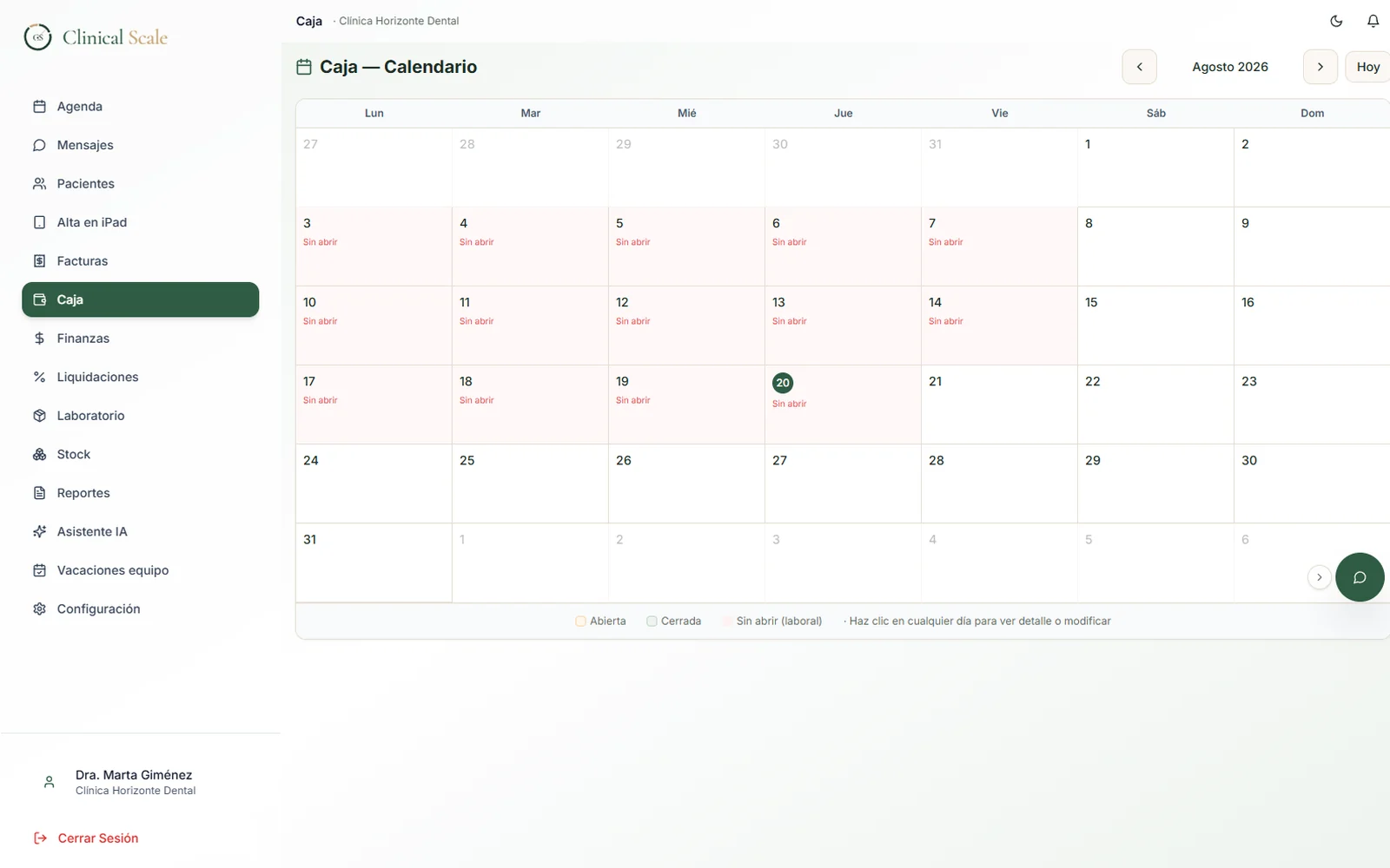 Calendario de caja diaria en Clinical Scale, con los días abiertos, cerrados y sin abrir del mes