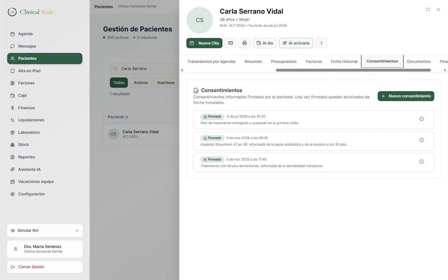 Consentimientos informados firmados en Clinical Scale, archivados de forma inmutable con la fecha de firma de cada uno
