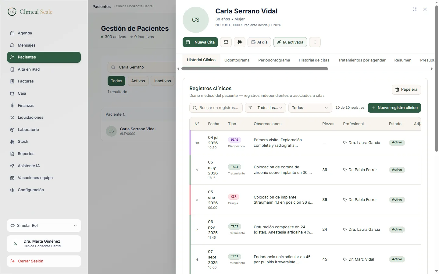 Ficha de paciente en Clinical Scale con sus pestañas de historial clínico, odontograma, radiología y documentos