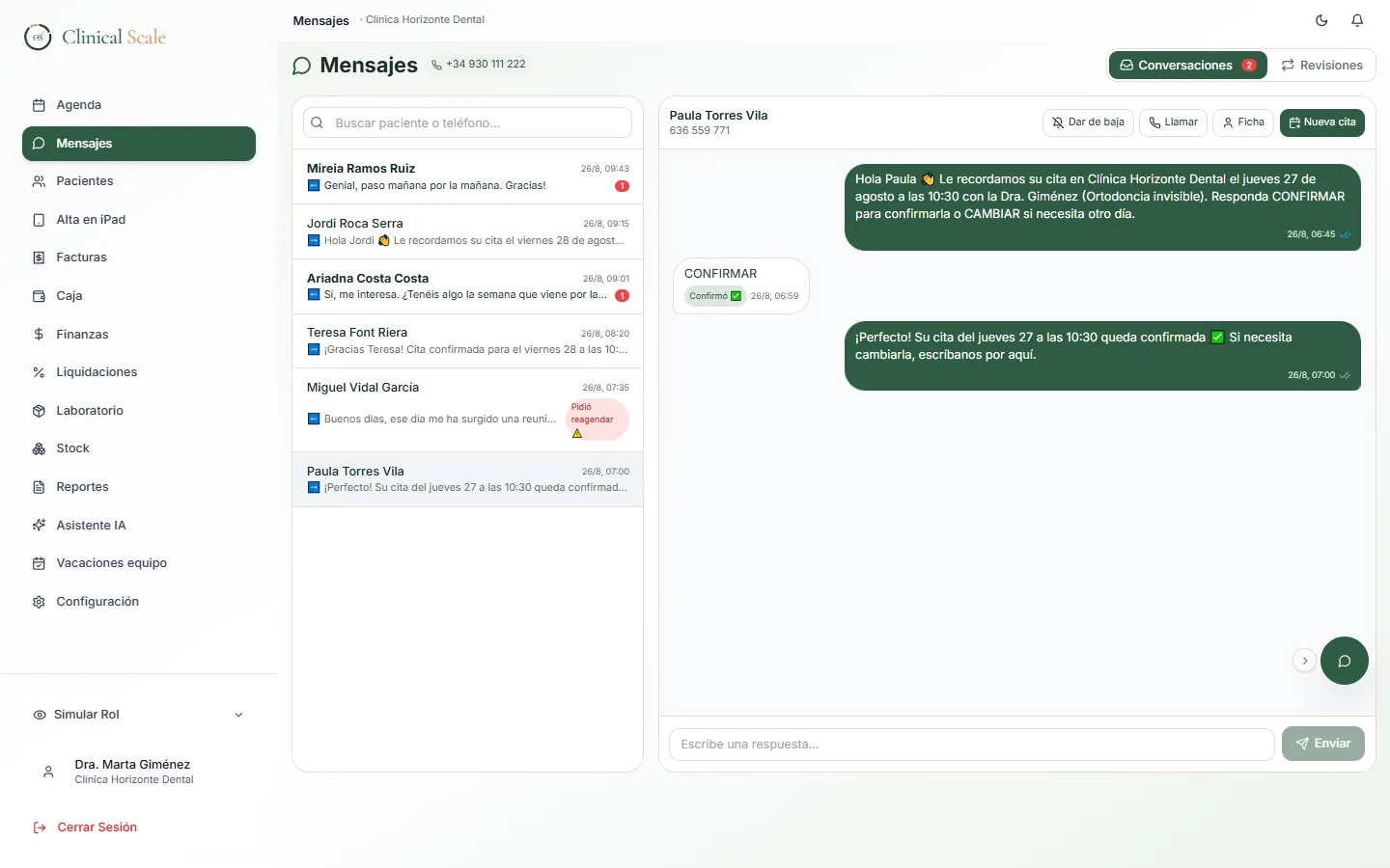 Bandeja de conversaciones de WhatsApp en Clinical Scale: el recordatorio de la cita, la respuesta del paciente y la cita ya confirmada