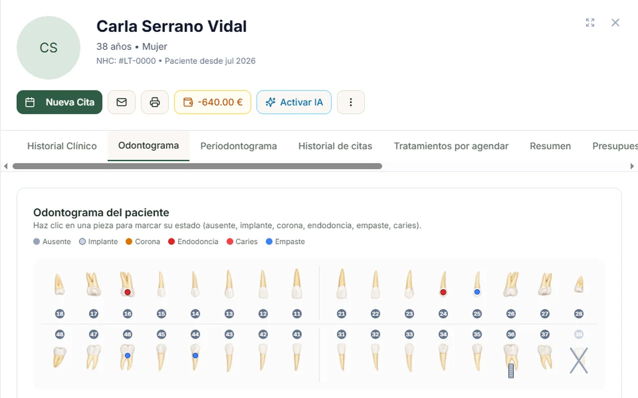 Odontograma digital en el software dental Clinical Scale, con el estado de cada pieza marcado por colores